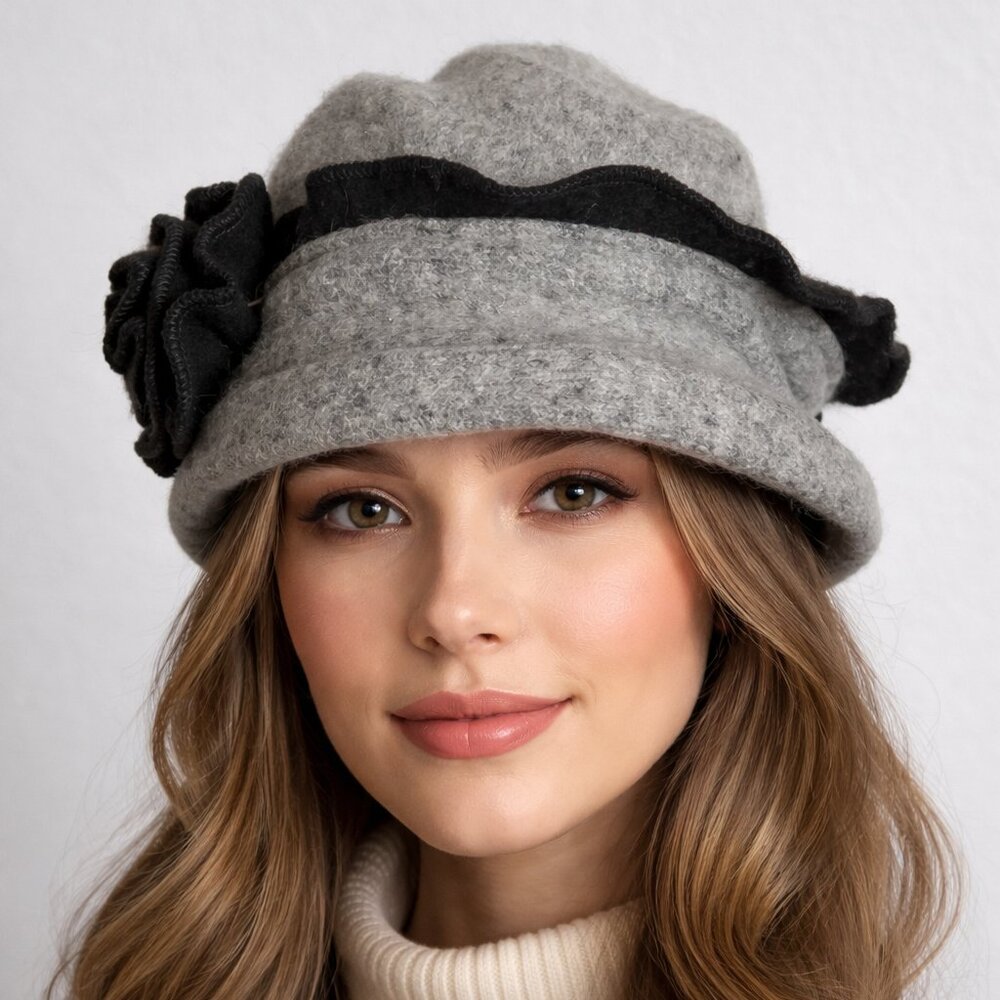 Gray 100% Wool Hat Cap with Black Rose OS